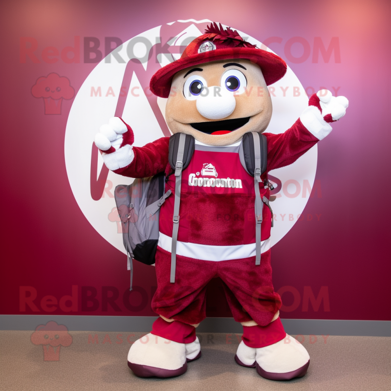 Maroon Momentum mascot costume character dressed with a Dress and Backpacks