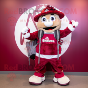 Maroon Momentum mascot costume character dressed with a Dress and Backpacks
