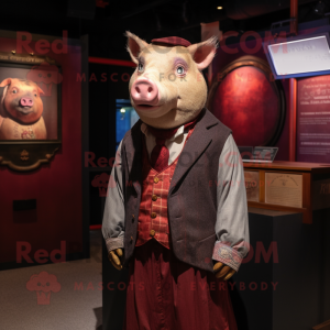 Maroon Pig mascot costume character dressed with a Waistcoat and Shawl pins