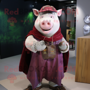 Maroon Pig mascot costume character dressed with a Waistcoat and Shawl pins