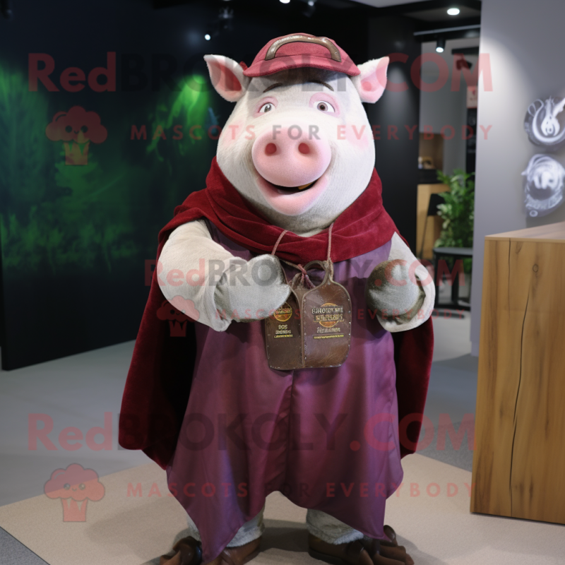 Maroon Pig mascot costume character dressed with a Waistcoat and Shawl pins Maroon Pig mascot costume character dressed with a Waistcoat and Shawl pins