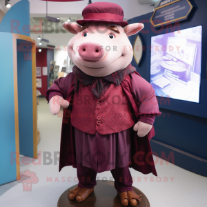 Maroon Pig mascot costume character dressed with a Waistcoat and Shawl pins