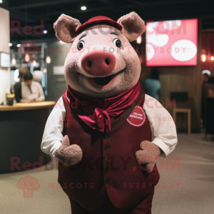 Maroon Pig mascot costume character dressed with a Waistcoat and Shawl pins