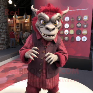 Maroon Gargoyle mascot costume character dressed with a Flannel Shirt and Coin purses
