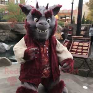 Maroon Gargoyle mascot costume character dressed with a Flannel Shirt and Coin purses