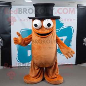 Rust Fried Calamari mascot costume character dressed with a Dress Pants and Hat pins