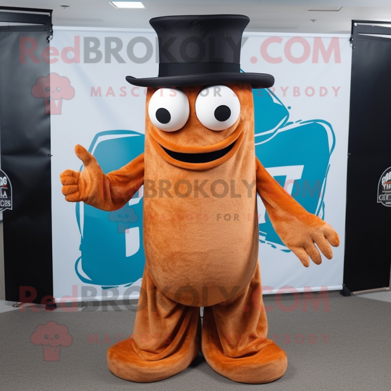 Rust Fried Calamari mascot costume character dressed with a Dress Pants and Hat pins Rust Fried Calamari mascot costume character dressed with a Dress Pants and Hat pins