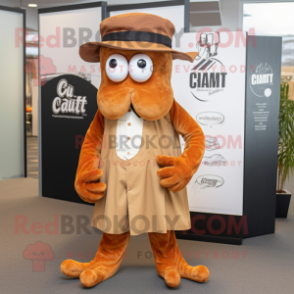 Rust Fried Calamari mascot costume character dressed with a Dress Pants and Hat pins