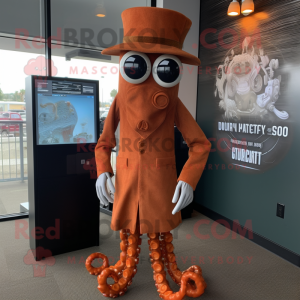 Rust Fried Calamari mascot costume character dressed with a Dress Pants and Hat pins