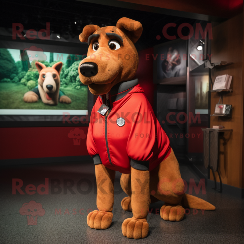 Red Dog mascot costume character dressed with a Sweatshirt and Belts