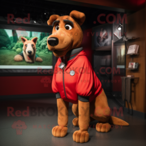 Red Dog mascot costume character dressed with a Sweatshirt and Belts