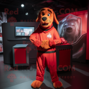 Red Dog mascot costume character dressed with a Sweatshirt and Belts