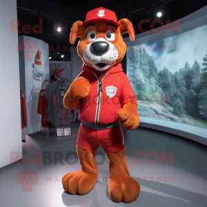 Red Dog mascot costume character dressed with a Sweatshirt and Belts