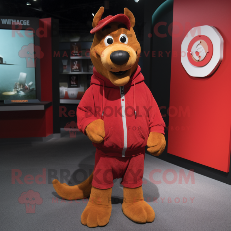 Red Dog mascot costume character dressed with a Sweatshirt and Belts