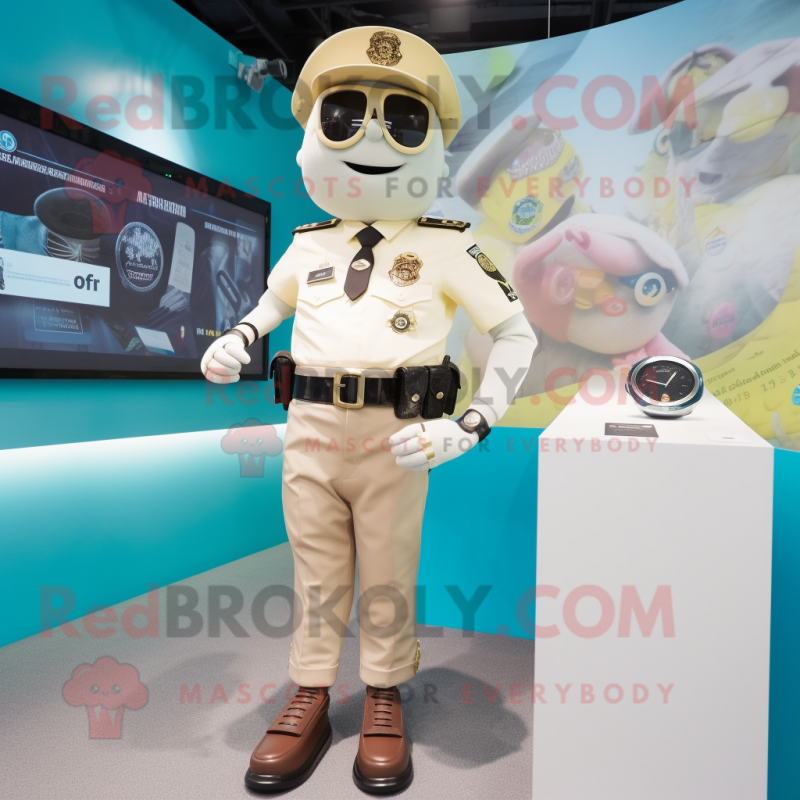 Beige Police Officer mascot costume character dressed with a Swimwear and Smartwatches Beige Police Officer mascot costume character dressed with a Swimwear and Smartwatches