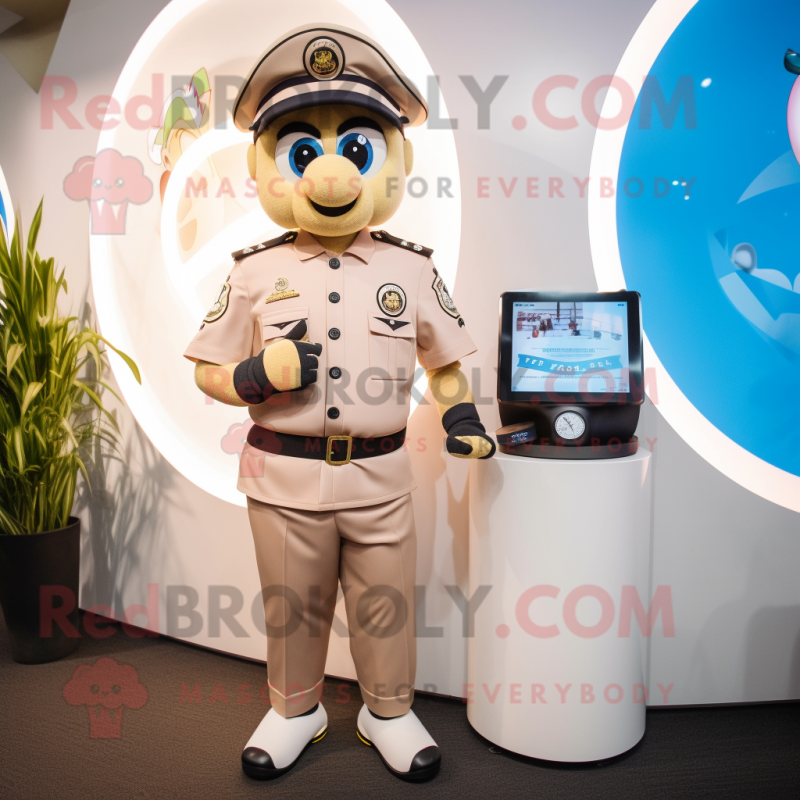 Beige Police Officer mascot costume character dressed with a Swimwear and Smartwatches