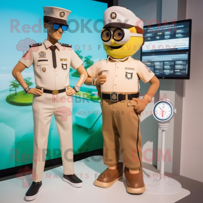 Beige Police Officer mascot costume character dressed with a Swimwear and Smartwatches