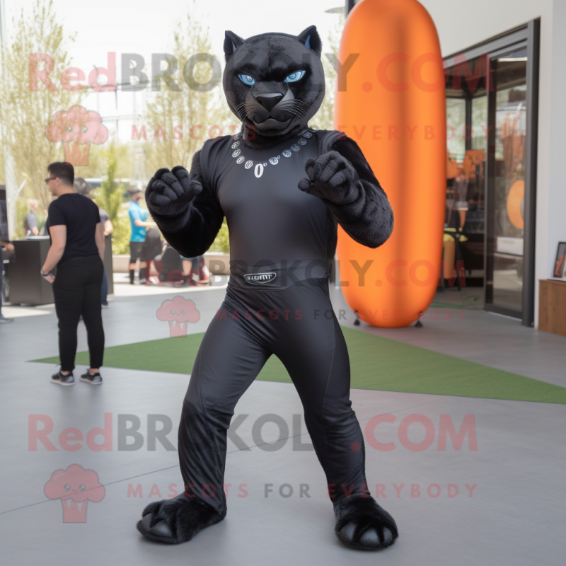 Black Panther mascot costume character dressed with a Skinny Jeans and Pocket squares