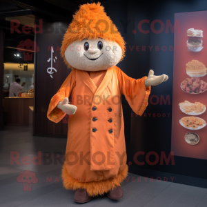 Rust Dim Sum mascot costume character dressed with a Coat and Hairpins