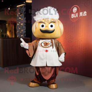 Rust Dim Sum mascot costume character dressed with a Coat and Hairpins