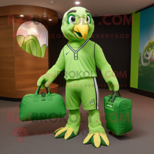 Lime Green Falcon mascot costume character dressed with a Bermuda Shorts and Tote bags