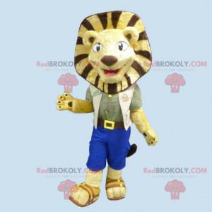 Leeuw mascotte gele en bruine leeuw in ontdekkingsreiziger -