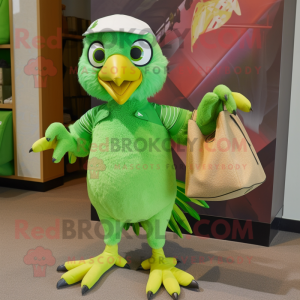 Lime Green Falcon mascot costume character dressed with a Bermuda Shorts and Tote bags