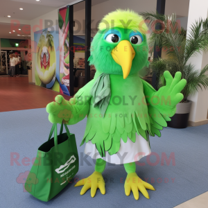 Lime Green Falcon mascot costume character dressed with a Bermuda Shorts and Tote bags