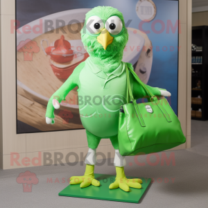 Lime Green Falcon mascot costume character dressed with a Bermuda Shorts and Tote bags