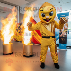 Gold Fire Eater mascot costume character dressed with a Jumpsuit and Wraps