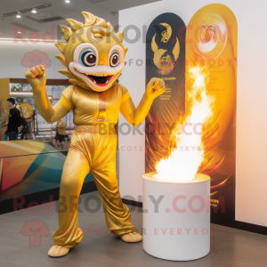 Gold Fire Eater mascot costume character dressed with a Jumpsuit and Wraps