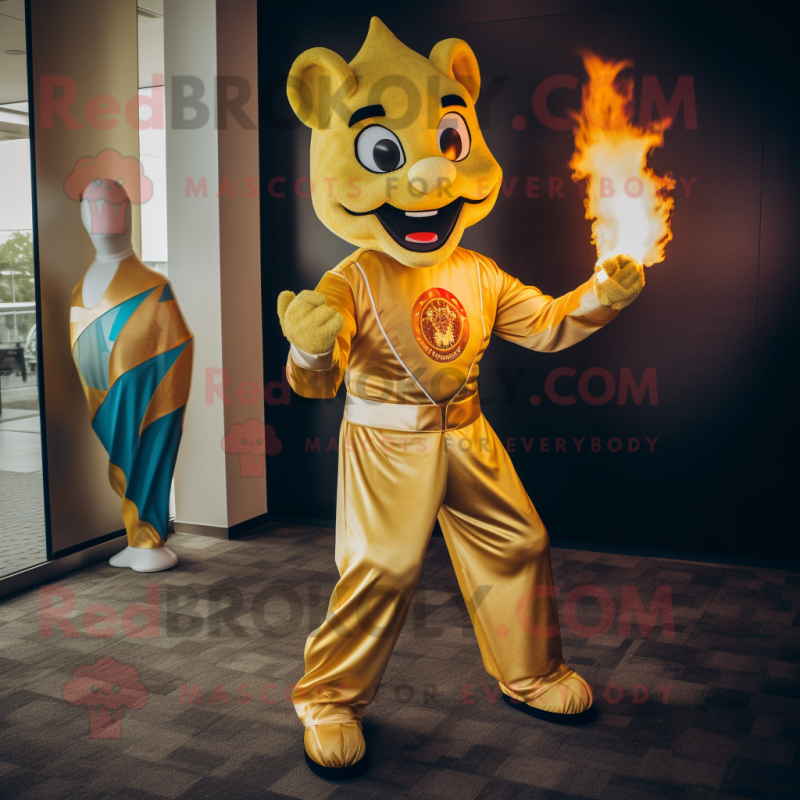 Gold Fire Eater mascot costume character dressed with a Jumpsuit and Wraps Gold Fire Eater mascot costume character dressed with a Jumpsuit and Wraps