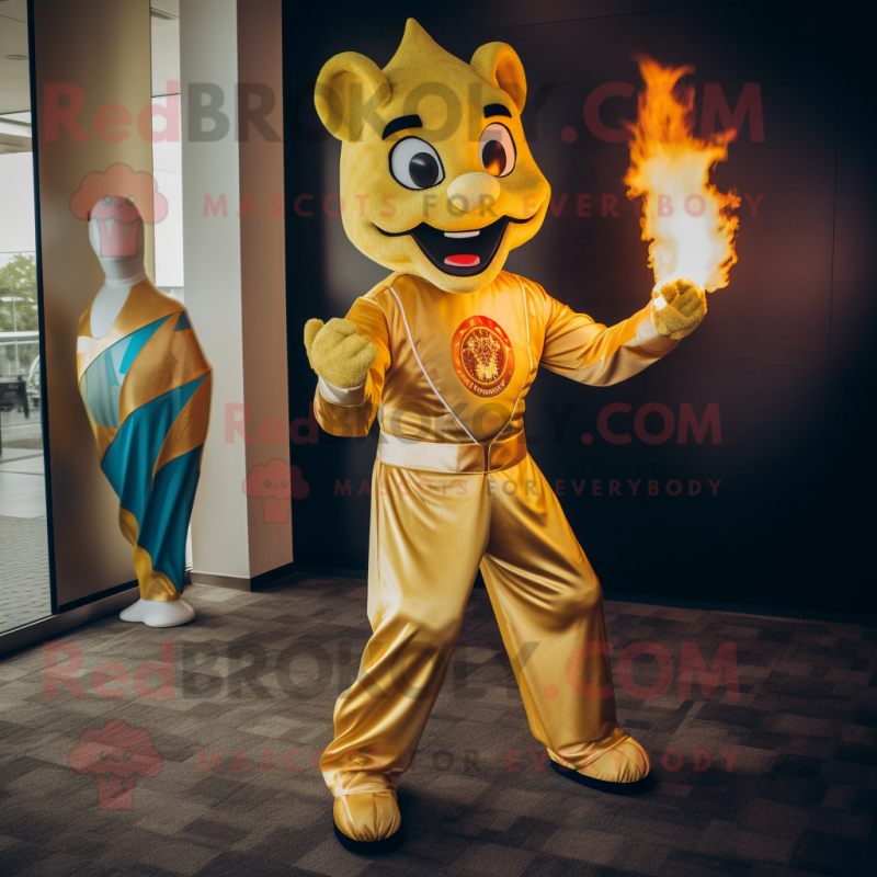 Gold Fire Eater mascot costume character dressed with a Jumpsuit and Wraps