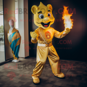 Gold Fire Eater mascot costume character dressed with a Jumpsuit and Wraps