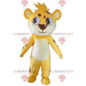 Mascot kleine gele witte en bruine tijger aanraken -