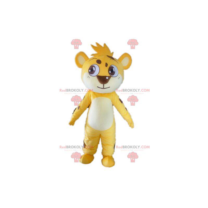 Mascote pequeno tigre amarelo branco e marrom tocando -