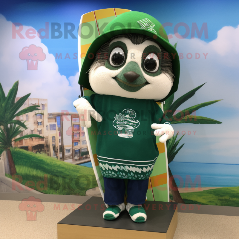 Forest Green Ceviche mascot costume character dressed with a Board Shorts and Brooches Forest Green Ceviche mascot costume character dressed with a Board Shorts and Brooches