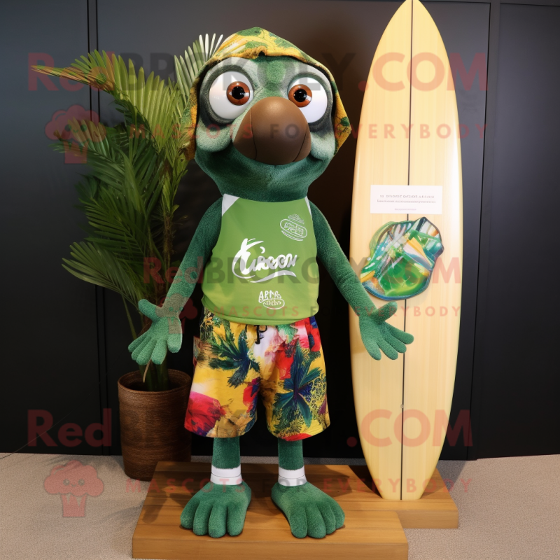 Forest Green Ceviche mascot costume character dressed with a Board Shorts and Brooches Forest Green Ceviche mascot costume character dressed with a Board Shorts and Brooches