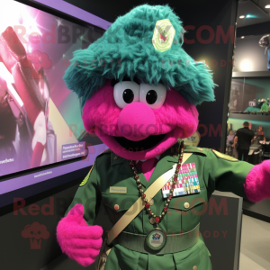 Magenta Green Beret mascot costume character dressed with a V-Neck Tee and Necklaces