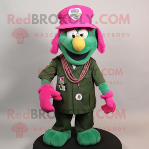 Magenta Green Beret mascot costume character dressed with a V-Neck Tee and Necklaces