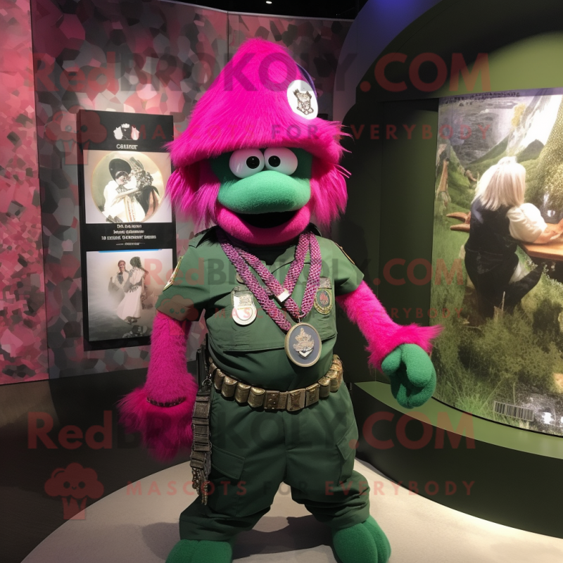 Magenta Green Beret mascot costume character dressed with a V-Neck Tee and Necklaces