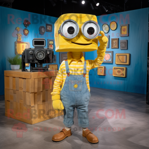 Yellow Camera mascot costume character dressed with a Chambray Shirt and Earrings