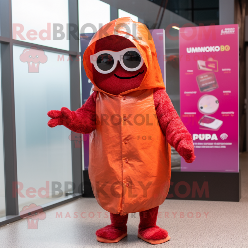 Rust Raspberry mascot costume character dressed with a Raincoat and Sunglasses Rust Raspberry mascot costume character dressed with a Raincoat and Sunglasses