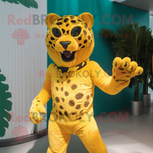 Yellow Jaguar mascot costume character dressed with a Bikini and Gloves