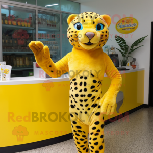 Yellow Jaguar mascot costume character dressed with a Bikini and Gloves