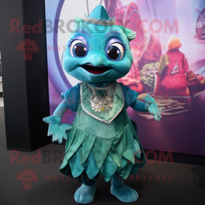 Teal Piranha mascot costume character dressed with a A-Line Dress and Necklaces