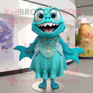 Teal Piranha mascot costume character dressed with a A-Line Dress and Necklaces