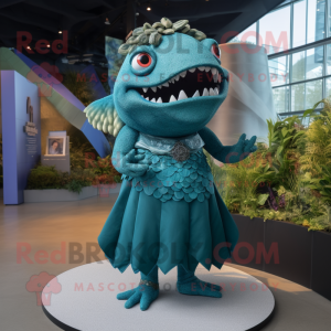 Teal Piranha mascot costume character dressed with a A-Line Dress and Necklaces