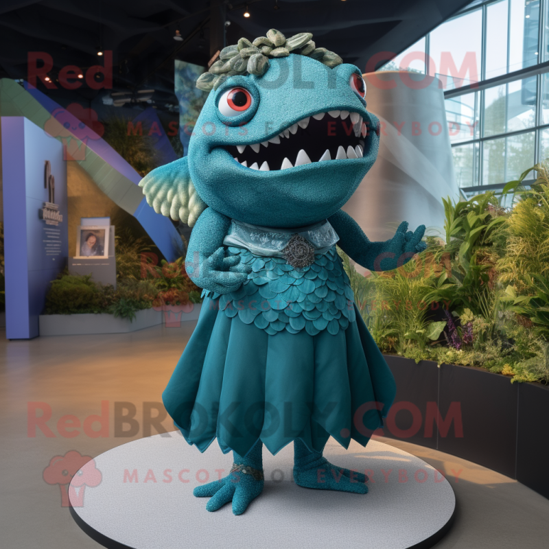 Teal Piranha mascot costume character dressed with a A-Line Dress and Necklaces