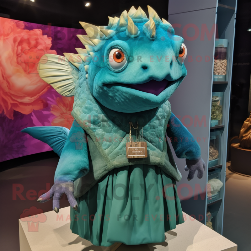 Teal Piranha mascot costume character dressed with a A-Line Dress and Necklaces Teal Piranha mascot costume character dressed with a A-Line Dress and Necklaces
